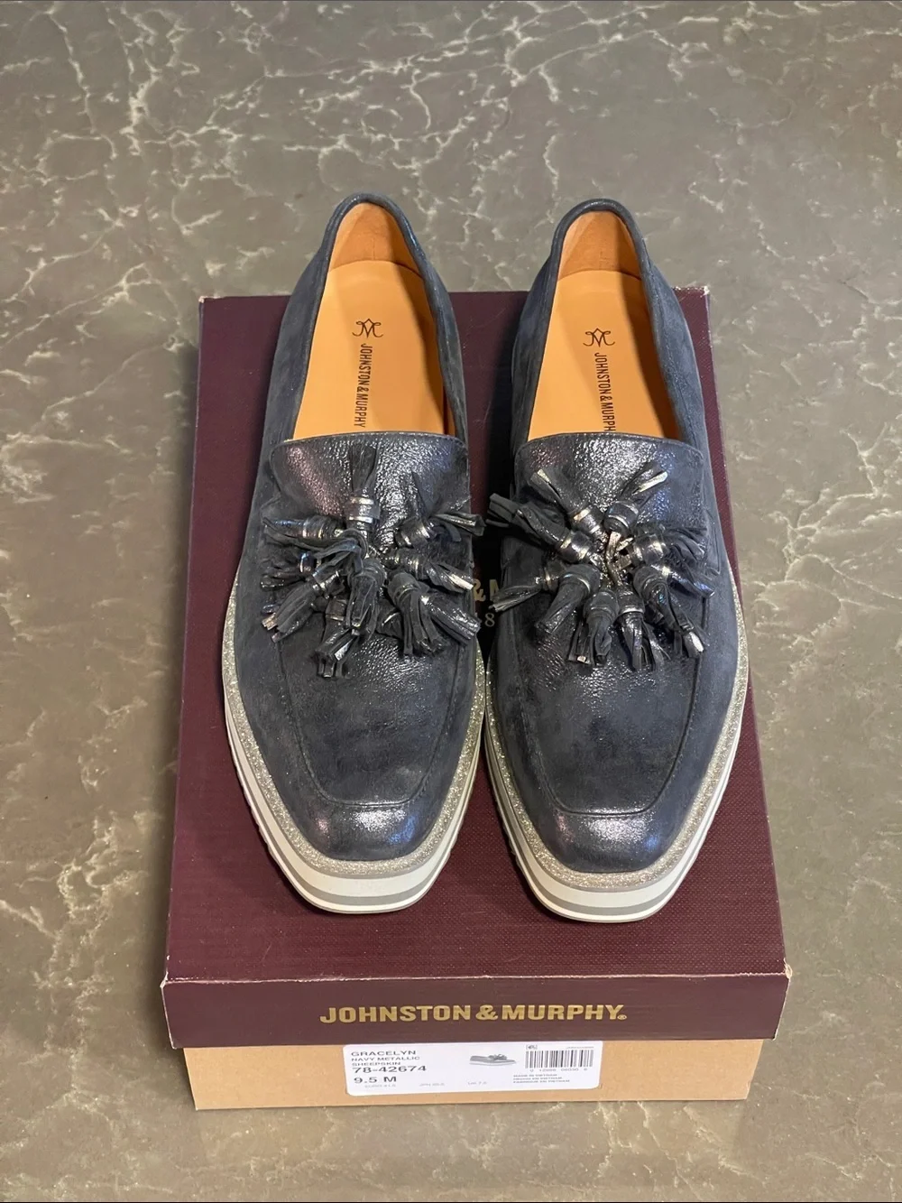 Johnston & Murphy Gracelyn Metallic Navy Tassel Slip-On Loafers- size 9.5